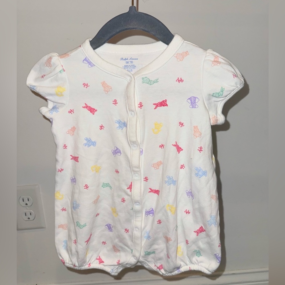 Pristine Ralph Lauren Polo Baby Girls Bear Bunnies Shortall Romper Size: 9M - Picture 2 of 7